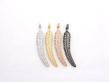 Load image into Gallery viewer, 61mm Long CZ Micro Pave Feather Leaf Pendant, Gold/Rose gold/Black/Silver,  Cubic Zirconia Pave Pendant/Charm,sku#F510