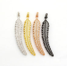 Load image into Gallery viewer, 61mm Long CZ Micro Pave Feather Leaf Pendant, Gold/Rose gold/Black/Silver,  Cubic Zirconia Pave Pendant/Charm,sku#F510