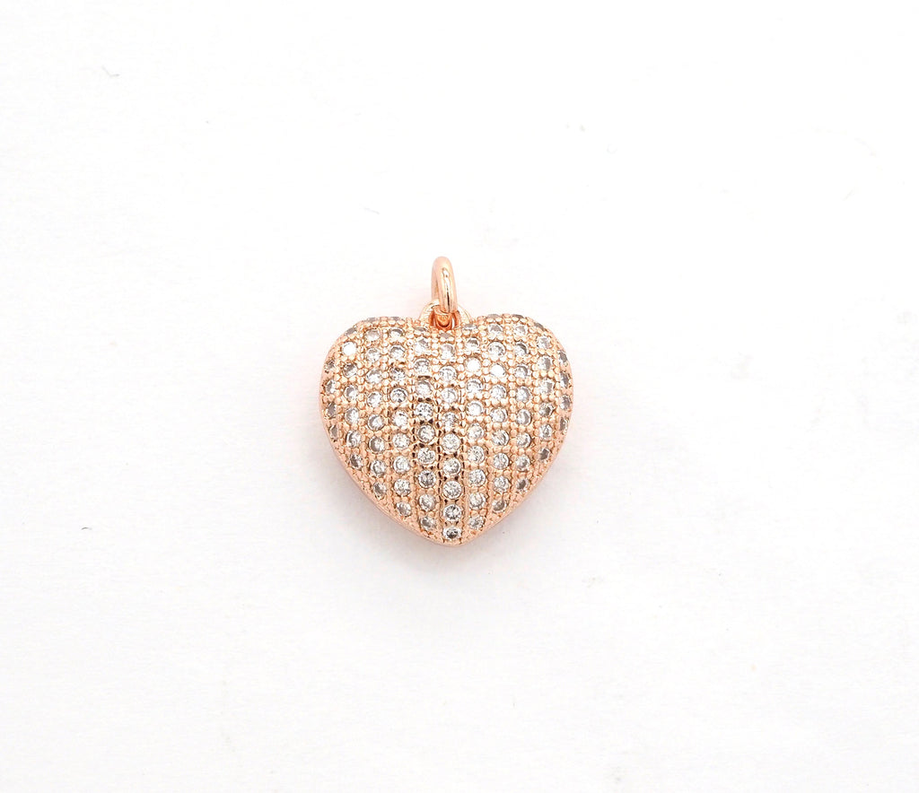 15mm CZ Micro Pave Puffy Heart Charm/Pendant, CZ Pave Charm in Gold/Rose Gold/Silver/Black Finish, Pave Heart Beads, sku#F524