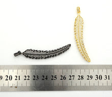 Load image into Gallery viewer, CZ Micro Pave Leaf Feather Pendant, Gold/Rose gold/Silver/Black plated, Cubic Zirconia leaf Pendant/Charm,46x12mm,sku#F511
