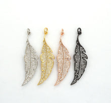 Load image into Gallery viewer, CZ Micro Pave Leaf Feather Pendant, Gold/Rose gold/Silver/Black plated, Cubic Zirconia leaf Pendant/Charm,46x12mm,sku#F511