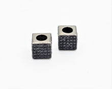 Load image into Gallery viewer, 7mm Black CZ Pave On Black Big Hole Cube Spacer Micro Pave Beads, Cubic Zirconia Cube Space Beads, SKU#C77