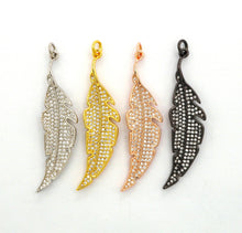 Load image into Gallery viewer, CZ Micro Pave Leaf Feather Pendant, Gold/Rose gold/Silver/Black plated, Cubic Zirconia leaf Pendant/Charm,46x12mm,sku#F511