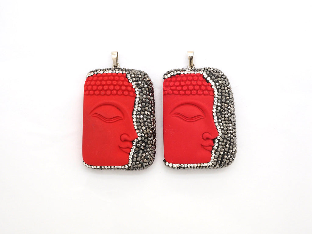 Large Pave Red Coral Buddha Pendant, Pave Crystal Rhinestone Encrusted Buddha Pendant,37x52x10mm,sku#V20