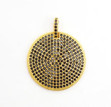 Load image into Gallery viewer, 30mm CZ Fully Micro Pave Large Disc Pendant,Gold/Black Tone, Black Cubic Zirconia Big Pave Disc Charm Pendant, sku#F501