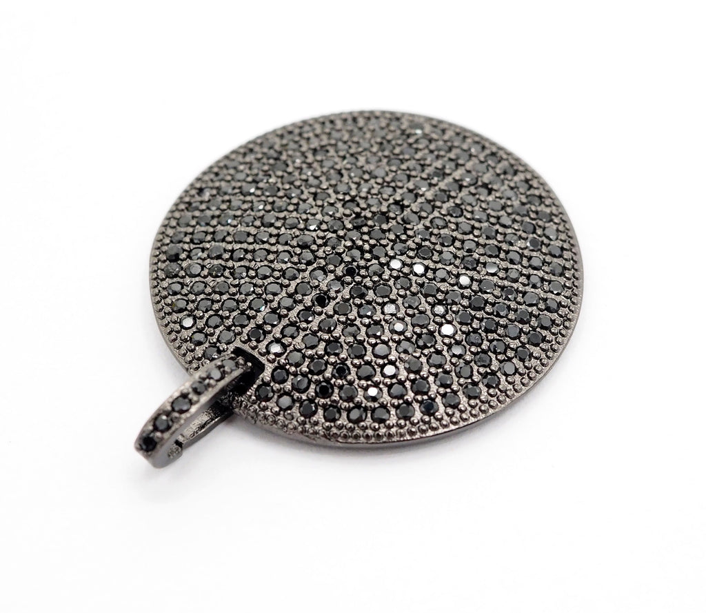 30mm CZ Fully Micro Pave Large Disc Pendant,Gold/Black Tone, Black Cubic Zirconia Big Pave Disc Charm Pendant, sku#F501