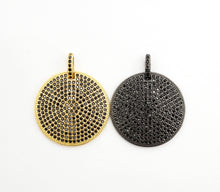 Load image into Gallery viewer, 30mm CZ Fully Micro Pave Large Disc Pendant,Gold/Black Tone, Black Cubic Zirconia Big Pave Disc Charm Pendant, sku#F501