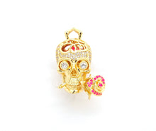 Load image into Gallery viewer, 3D CZ Micro Pave Skull with Rose flower Moving Ball Pendant,Cubic Zirconia Skull Charm, Black/Silver/Rose gold/Gold Pendant,30x20mm,sku#F527