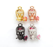 Load image into Gallery viewer, 3D CZ Micro Pave Skull with Rose flower Moving Ball Pendant,Cubic Zirconia Skull Charm, Black/Silver/Rose gold/Gold Pendant,30x20mm,sku#F527