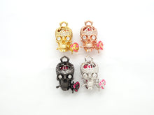 Load image into Gallery viewer, 3D CZ Micro Pave Skull with Rose flower Moving Ball Pendant,Cubic Zirconia Skull Charm, Black/Silver/Rose gold/Gold Pendant,30x20mm,sku#F527