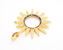 Load image into Gallery viewer, CZ Micro Pave Gold Plated Sun Flower Pendant,Cubic Zirconia Green/Turquoise/Fuchsia/Cobalt/Rainbow Color Charm, 33x36mm,sku#F504