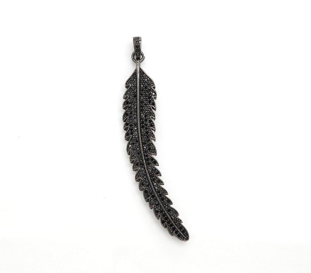 Black CZ Pave On Black Micro Pave LONG Feather/Leaf Pendant/Charm,Cubic Zirconia Pendant,Fashion Jewelry Findings, 11x61mm, sku#F534