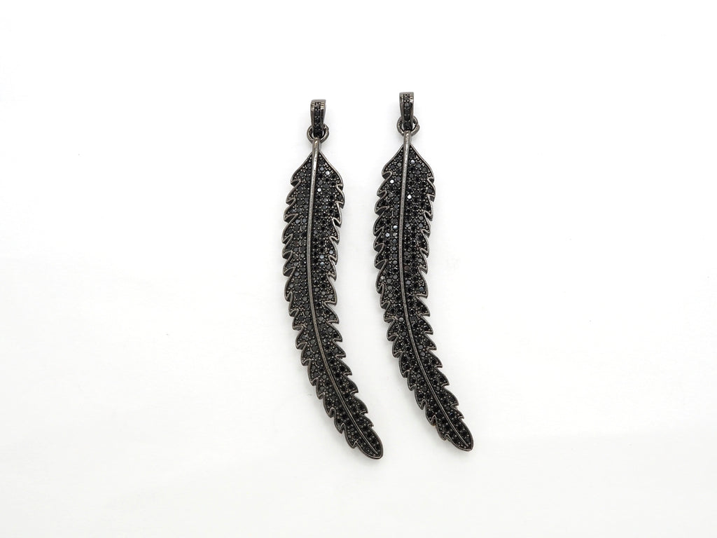 Black CZ Pave On Black Micro Pave LONG Feather/Leaf Pendant/Charm,Cubic Zirconia Pendant,Fashion Jewelry Findings, 11x61mm, sku#F534