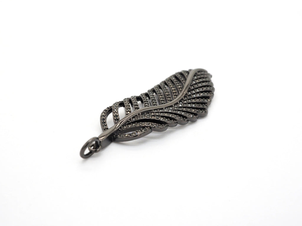 Black CZ Pave On Black Micro Pave Feather/Leaf Pendant/Charm,Cubic Zirconia Pendant,Fashion Jewelry Findings, 19x57mm, sku#F535