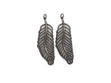 Load image into Gallery viewer, Black CZ Pave On Black Micro Pave Feather/Leaf Pendant/Charm,Cubic Zirconia Pendant,Fashion Jewelry Findings, 19x57mm, sku#F535