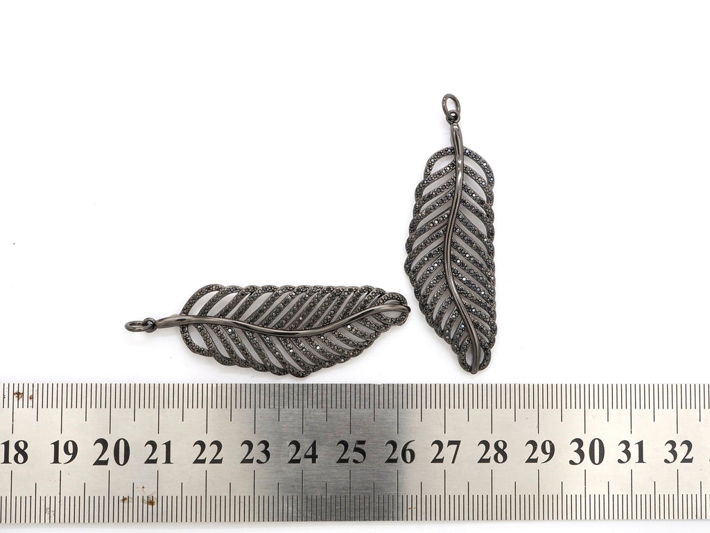 Black CZ Pave On Black Micro Pave Feather/Leaf Pendant/Charm,Cubic Zirconia Pendant,Fashion Jewelry Findings, 19x57mm, sku#F535