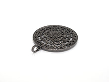 Load image into Gallery viewer, Black CZ Pave On Black Micro Pave Hollow out Filigree Round Pendant/Focal,Cubic Zirconia Pendant,Fashion Jewelry Findings, 40x43mm, sku#F537