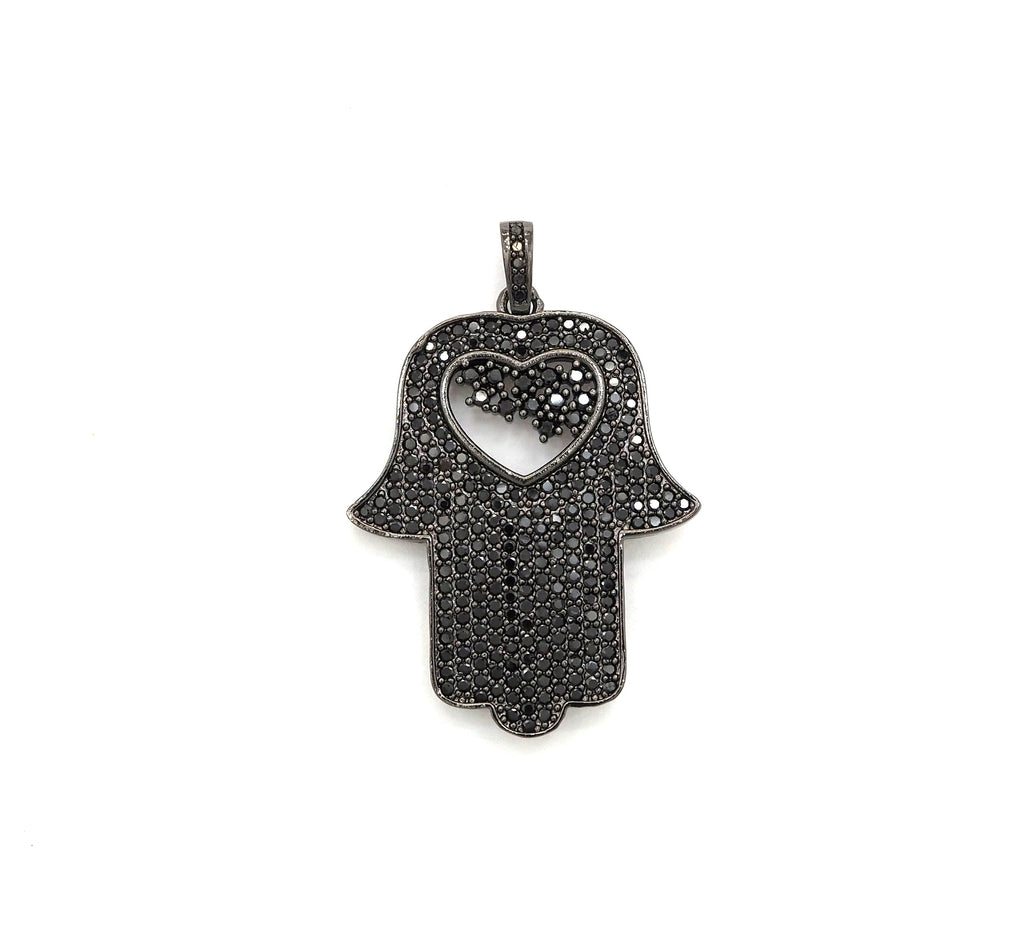 Black CZ Pave On Black Micro Pave Hamsa Hand with Heart Pendant/Charm,Cubic Zirconia Pendant,Fashion Jewelry Findings, 27x35mm, sku#F539