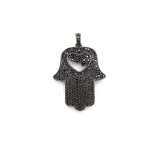 Load image into Gallery viewer, Black CZ Pave On Black Micro Pave Hamsa Hand with Heart Pendant/Charm,Cubic Zirconia Pendant,Fashion Jewelry Findings, 27x35mm, sku#F539