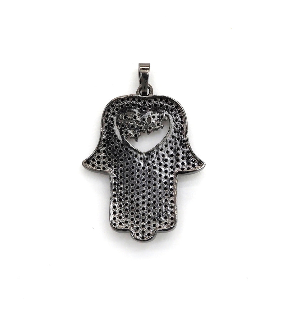 Black CZ Pave On Black Micro Pave Hamsa Hand with Heart Pendant/Charm,Cubic Zirconia Pendant,Fashion Jewelry Findings, 27x35mm, sku#F539