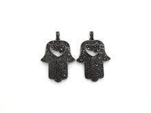 Load image into Gallery viewer, Black CZ Pave On Black Micro Pave Hamsa Hand with Heart Pendant/Charm,Cubic Zirconia Pendant,Fashion Jewelry Findings, 27x35mm, sku#F539