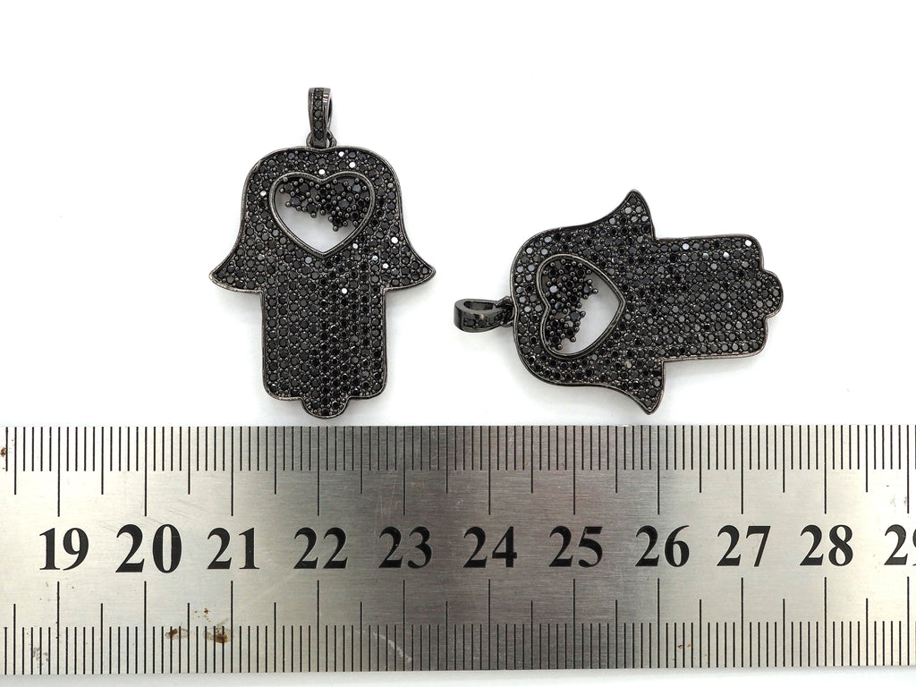 Black CZ Pave On Black Micro Pave Hamsa Hand with Heart Pendant/Charm,Cubic Zirconia Pendant,Fashion Jewelry Findings, 27x35mm, sku#F539