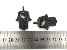 Load image into Gallery viewer, Black CZ Pave On Black Micro Pave Hamsa Hand with Heart Pendant/Charm,Cubic Zirconia Pendant,Fashion Jewelry Findings, 27x35mm, sku#F539
