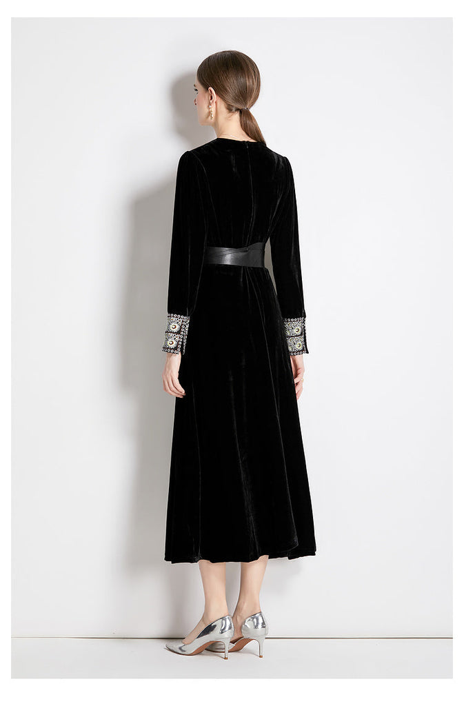 Women Fall Winter Long Sleeve V Neck A Line Midi Dress
