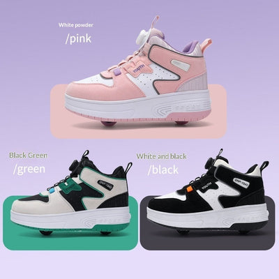 Kids Dual-Wheel Roller Skate Walking Shoes | Mesh-Panel Lace-Up Sneakers