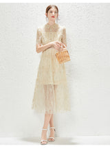 Load image into Gallery viewer, New Heavy Industry Embroidery Lace Lapel Waist Mesh Dress