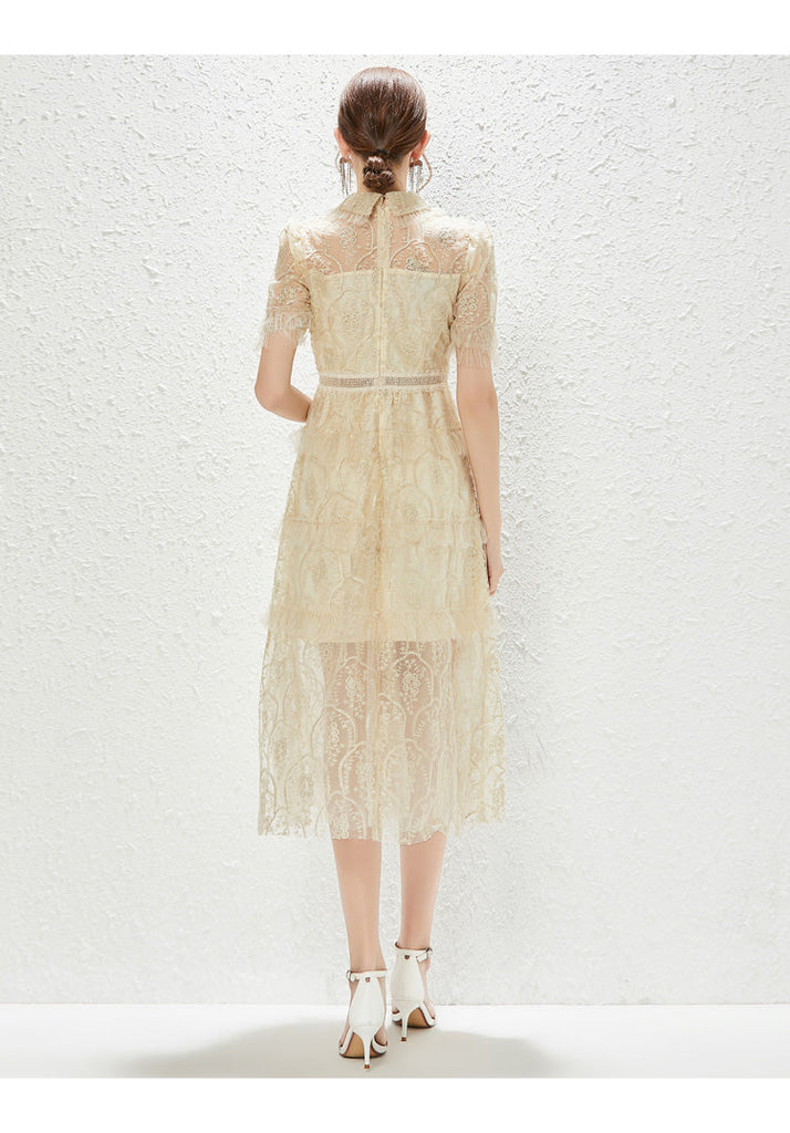 New Heavy Industry Embroidery Lace Lapel Waist Mesh Dress