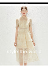 Load image into Gallery viewer, New Heavy Industry Embroidery Lace Lapel Waist Mesh Dress