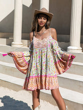 Load image into Gallery viewer, Loose Printed Off Shoulder Tassel Dress Vacation