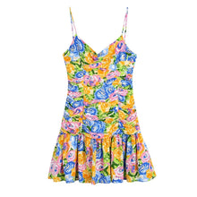 Load image into Gallery viewer, Summer Small Fresh V neck Yellow Printings Pleated Dress for Women