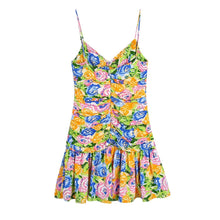 Load image into Gallery viewer, Summer Small Fresh V neck Yellow Printings Pleated Dress for Women