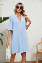 Load image into Gallery viewer, Summer Solid Color V neck Loose Pleated Half Length Sleeve Dress Women