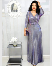 Load image into Gallery viewer, Winter African Women Wear Long Sleeve Bronzing Pleated Swing Dress with Belt Glittering Powder Fabric