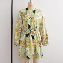 Load image into Gallery viewer, Sources Vintage Printed V neck Waist Controlled Long Sleeves Mid Length Dress Spring Summer Plus Size Slimming Dress