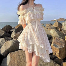 Load image into Gallery viewer, Summer Vietnam Brand Fresh Sweet Floral off Neck Wooden Ear Irregular Asymmetric Swing Holiday Dress