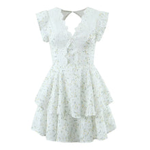 Load image into Gallery viewer, Retro French Ruffles Flounced Sleeve Lace Embroidered Vest Dress Deep V Plunge neck Drawstring Slim Fit Tiered Dress