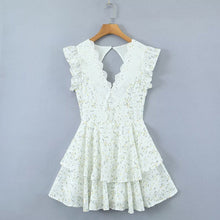 Load image into Gallery viewer, Retro French Ruffles Flounced Sleeve Lace Embroidered Vest Dress Deep V Plunge neck Drawstring Slim Fit Tiered Dress