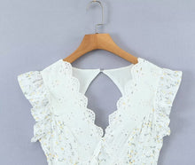Load image into Gallery viewer, Retro French Ruffles Flounced Sleeve Lace Embroidered Vest Dress Deep V Plunge neck Drawstring Slim Fit Tiered Dress