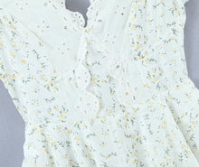 Load image into Gallery viewer, Retro French Ruffles Flounced Sleeve Lace Embroidered Vest Dress Deep V Plunge neck Drawstring Slim Fit Tiered Dress