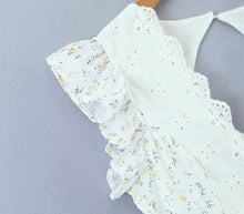 Load image into Gallery viewer, Retro French Ruffles Flounced Sleeve Lace Embroidered Vest Dress Deep V Plunge neck Drawstring Slim Fit Tiered Dress