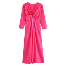Load image into Gallery viewer, Fall Women Clothing V neck Silk Forged Texture Bow Tie Elastic Sleeve Dress