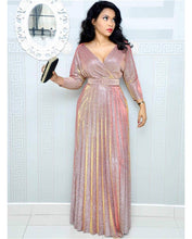 Load image into Gallery viewer, Winter African Women Wear Long Sleeve Bronzing Pleated Swing Dress with Belt Glittering Powder Fabric