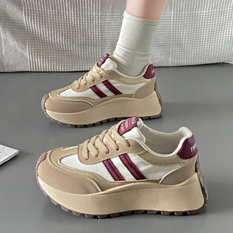 Women's Height-Boosting Lace-Up Sneakers – Synthetic PU Upper, Mesh Lining, Round Toe