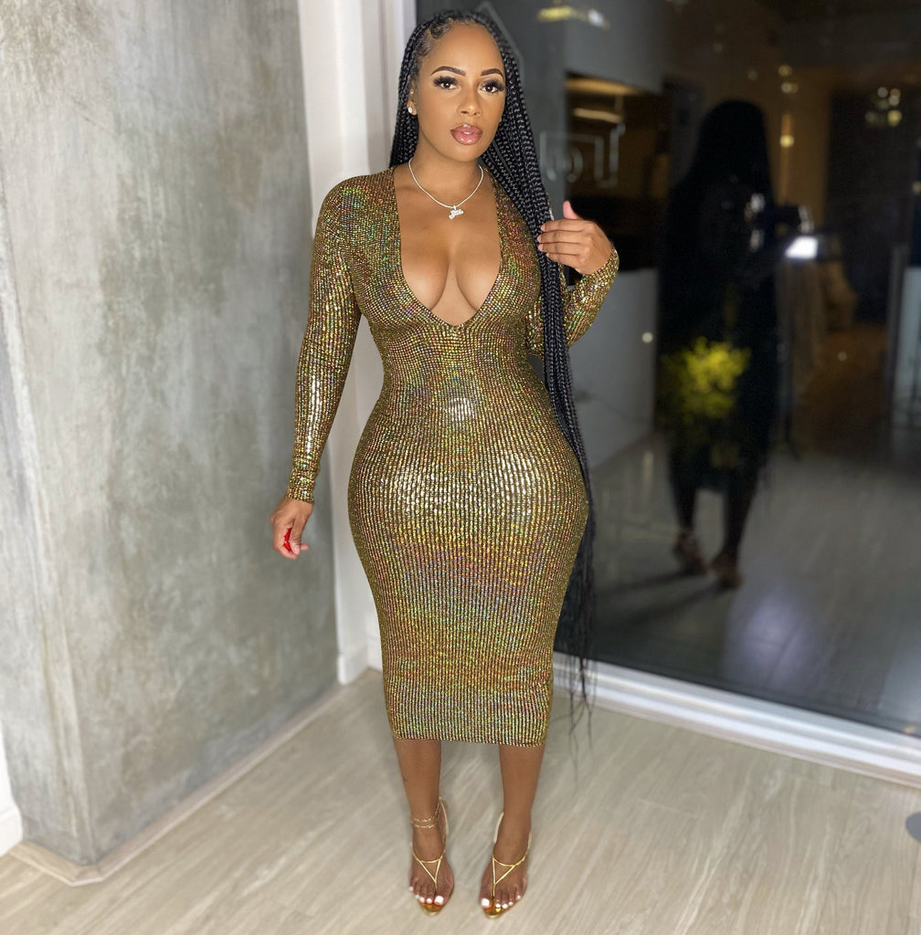 Women Clothing Graceful Fashionable Deep V Plunge Bronzing Fabric Dress Women Clothing