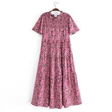 Load image into Gallery viewer, Pink Floral Print Ruffled Floral Print Sleeve Loose Dress Layered Cake Lace