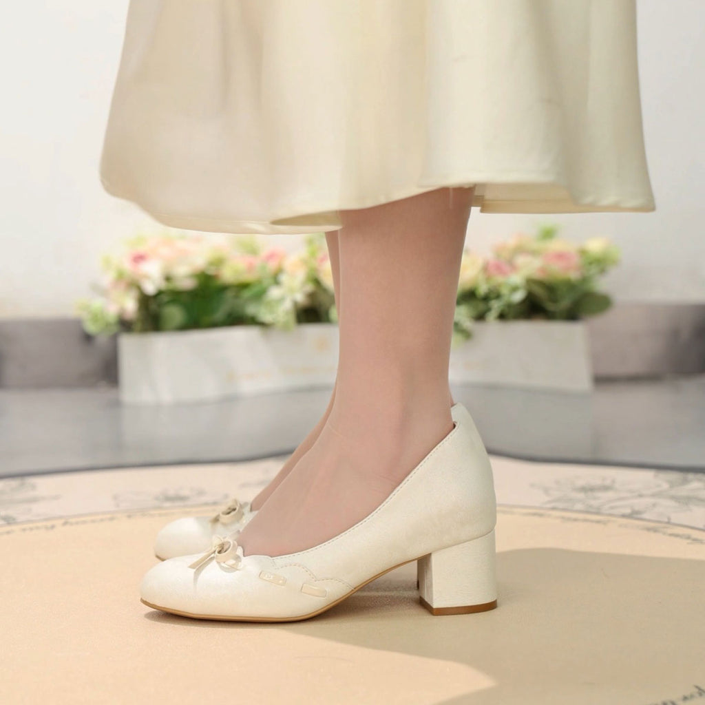 Women's Satin Bow Block Heel Pumps | Ivory Jacquard Slip-On Heels